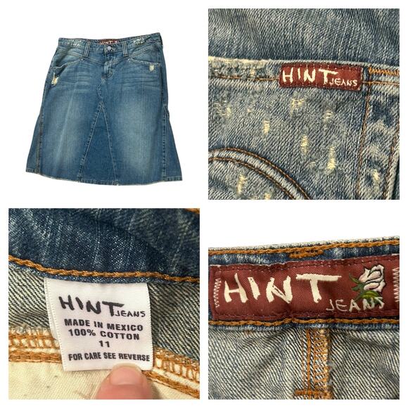 Vintage Y2K Hint Jeans Distressed Denim Jean Skirt A-Line Raw Hem / Size 11 - - Picture 4 of 4